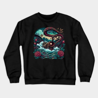 Flying steam train with waves and snakes Crewneck Sweatshirt